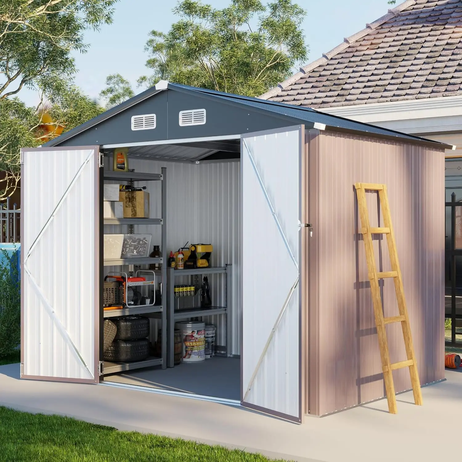 6x8ft Steel Storage Shed Lockable Waterproof Rust-Proof Yard Patio Garden Brown Customized
6x8ft Steel Storage Shed Lockable Waterproof Rust-Proof Yard Patio Garden Brown Customized