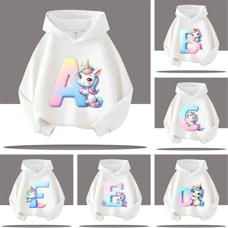 New girls' cute casual top, fall/winter clothing Letter A-Z unicorn cartoon print boys' sports shirt, children's hooded shirt
New girls' cute casual top, fall/winter clothing Letter A-Z unicorn cartoon print boys' sports shirt, children's hooded shirt