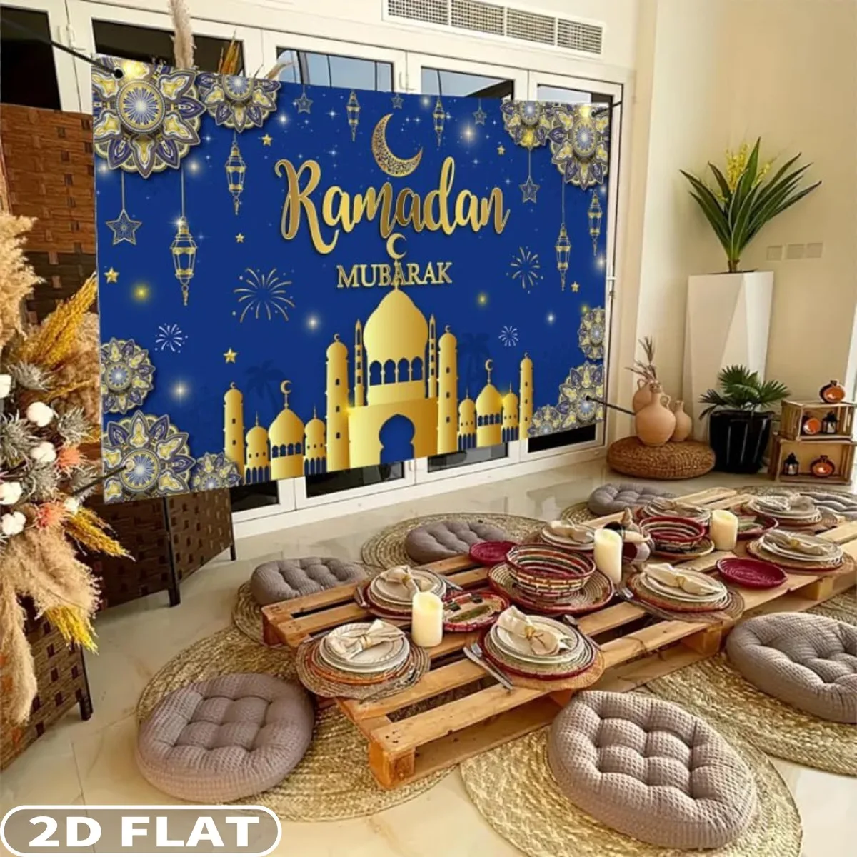 2D FLAT 1pc Ramadan Mubarak Festive Backdrops, Polyester Blue Gold Muslim Kareem Banner Eid Al-Adha Mubarak Party Decor Banner
2D FLAT 1pc Ramadan Mubarak Festive Backdrops, Polyester Blue Gold Muslim Kareem Banner Eid Al-Adha Mubarak Party Decor Banner