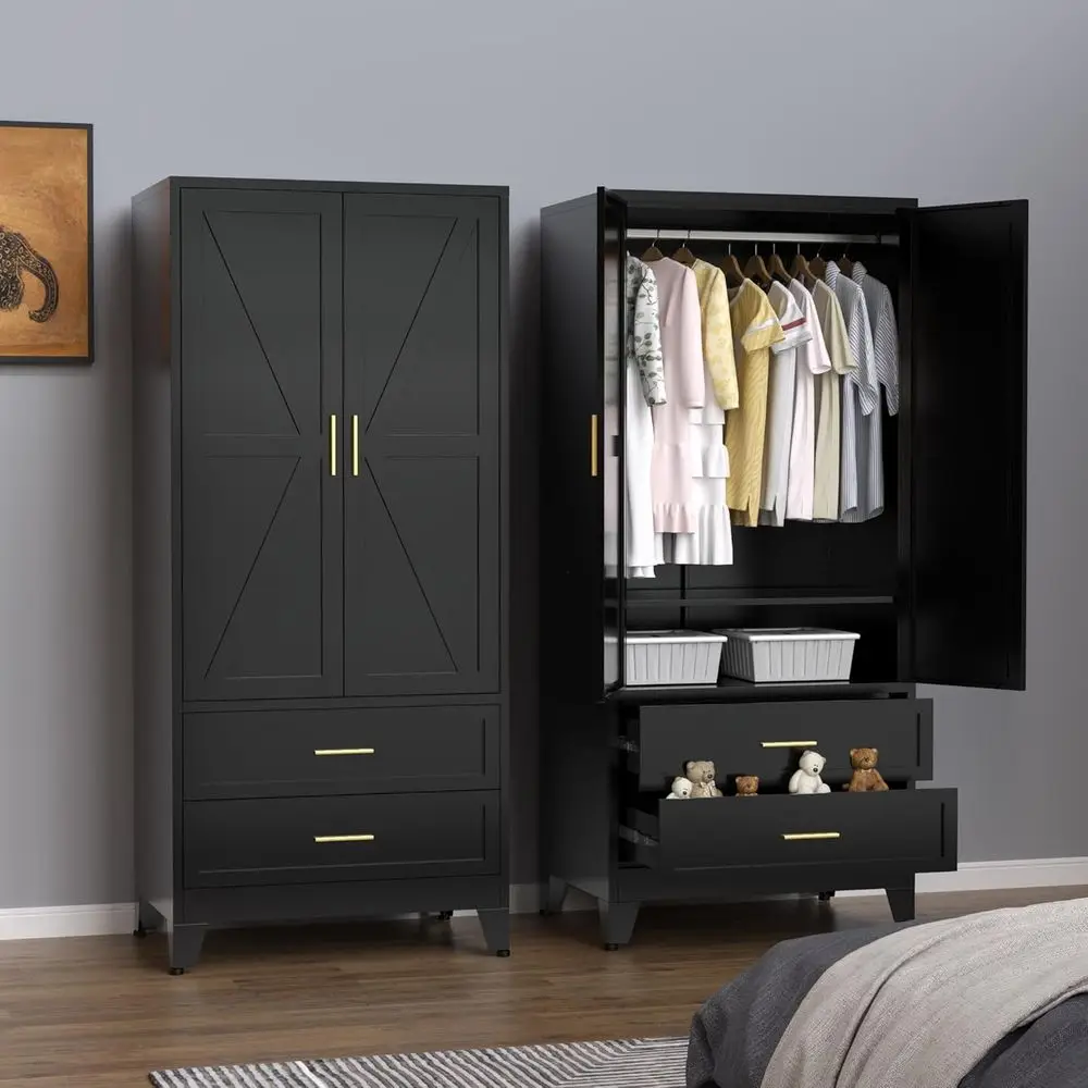 71 Metal Wardrobe Closet with 2 Doors, 2 Drawers, Adjustable Shelf, Black Storage Cabinet for Bedroom or Gym
71 Metal Wardrobe Closet with 2 Doors, 2 Drawers, Adjustable Shelf, Black Storage Cabinet for Bedroom or Gym