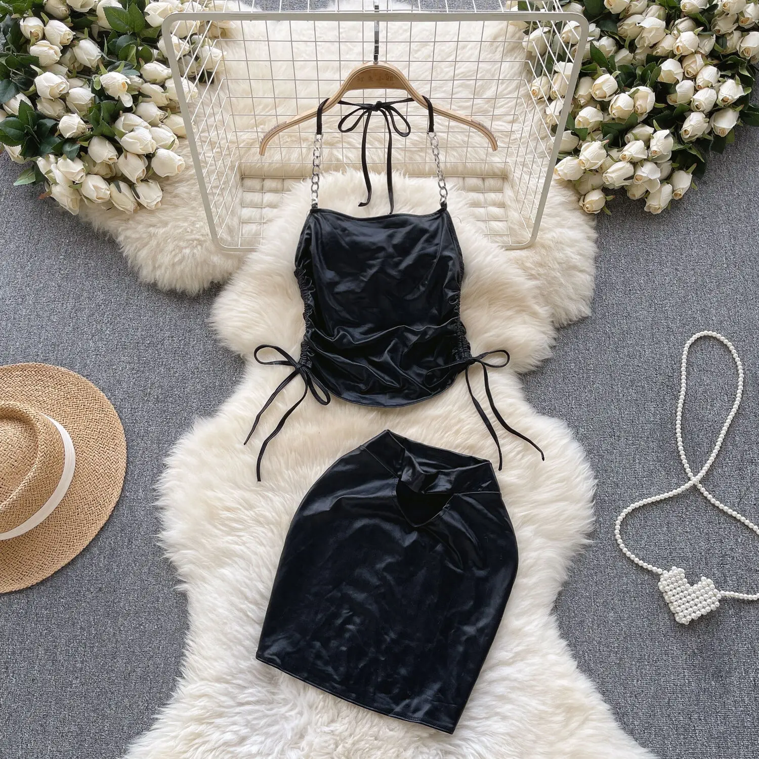 European And American Ins Trendy Motrobike Girl's Black Strap Bra Vest + High Waist Slim Wrap Hip Skirt Two Piece Set For Women
European And American Ins Trendy Motrobike Girl's Black Strap Bra Vest + High Waist Slim Wrap Hip Skirt Two Piece Set For Women