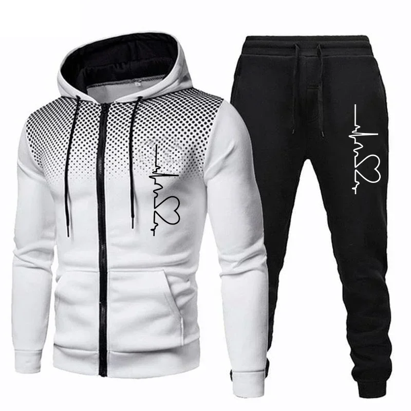 Men's sportswear casual heart-shaped printed zipper hooded sweatshirt+sports pants 2-piece set polka dot jacket jacket set joggi
Men's sportswear casual heart-shaped printed zipper hooded sweatshirt+sports pants 2-piece set polka dot jacket jacket set joggi