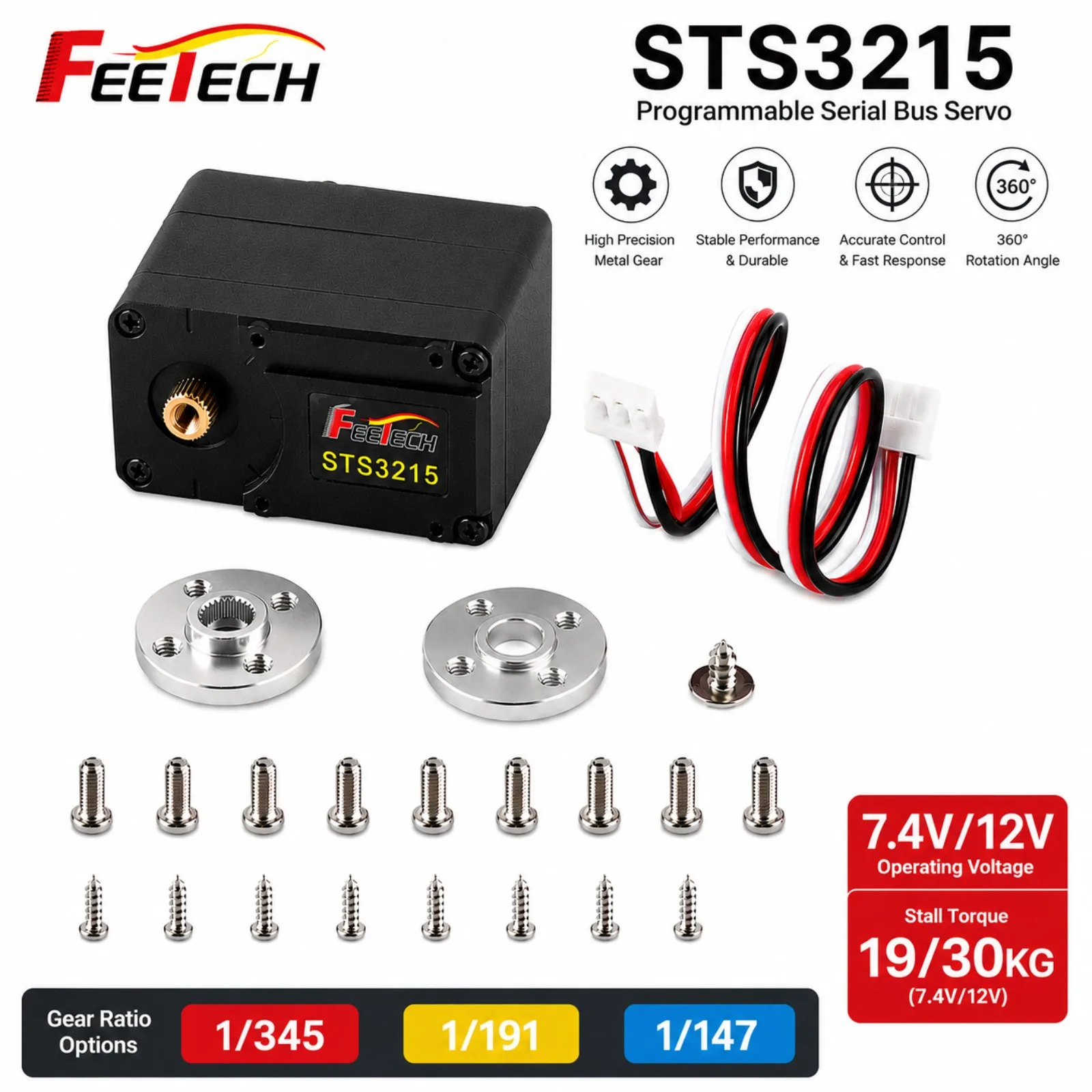 Feetech STS3215 Serial Bus Servo High Precision Feedback 360 Degree Rotation Dual Axis Steel Gear Magnetic Encoder TTL Servo
Feetech STS3215 Serial Bus Servo High Precision Feedback 360 Degree Rotation Dual Axis Steel Gear Magnetic Encoder TTL Servo