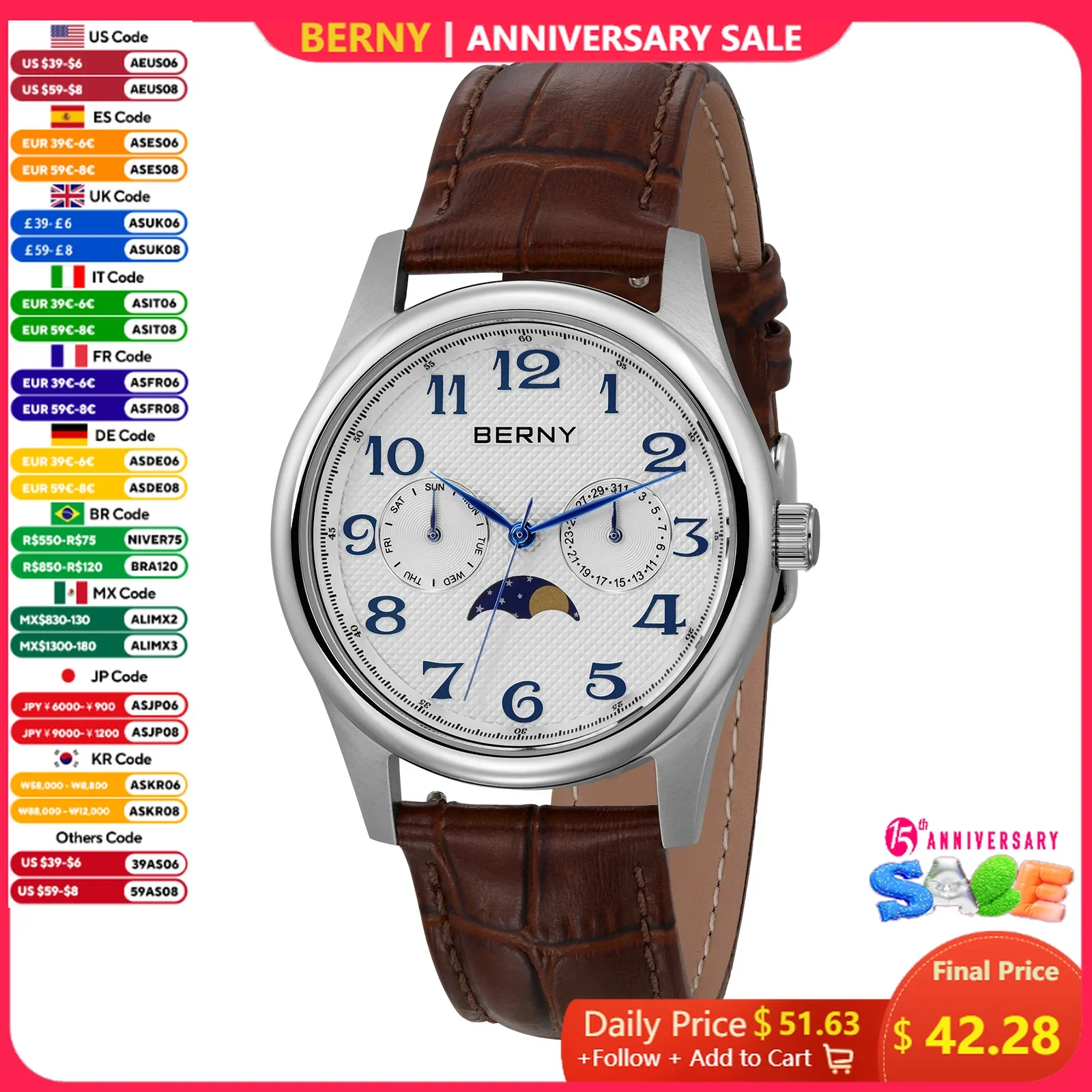 BERNY Watches for Men Moon Phase Quartz Men's Watch Day Date Calendar Easy Read Vintage Stylish Business Dress Wristwatch
BERNY Watches for Men Moon Phase Quartz Men's Watch Day Date Calendar Easy Read Vintage Stylish Business Dress Wristwatch
