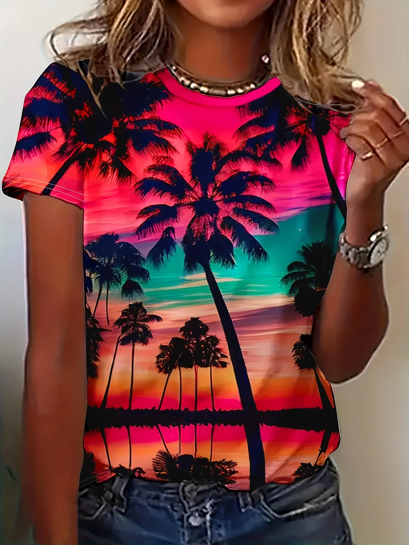 Women Coconut Tree Print T-shirt in Plus Size Summer Vacation Style Short Sleeved Round Neck Top Women Plus Size Quick Drying
Women Coconut Tree Print T-shirt in Plus Size Summer Vacation Style Short Sleeved Round Neck Top Women Plus Size Quick Drying