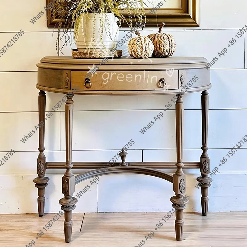 French retro old gray semi-round entrance table American rural carved entrance table entry wall decoration side table
French retro old gray semi-round entrance table American rural carved entrance table entry wall decoration side table
