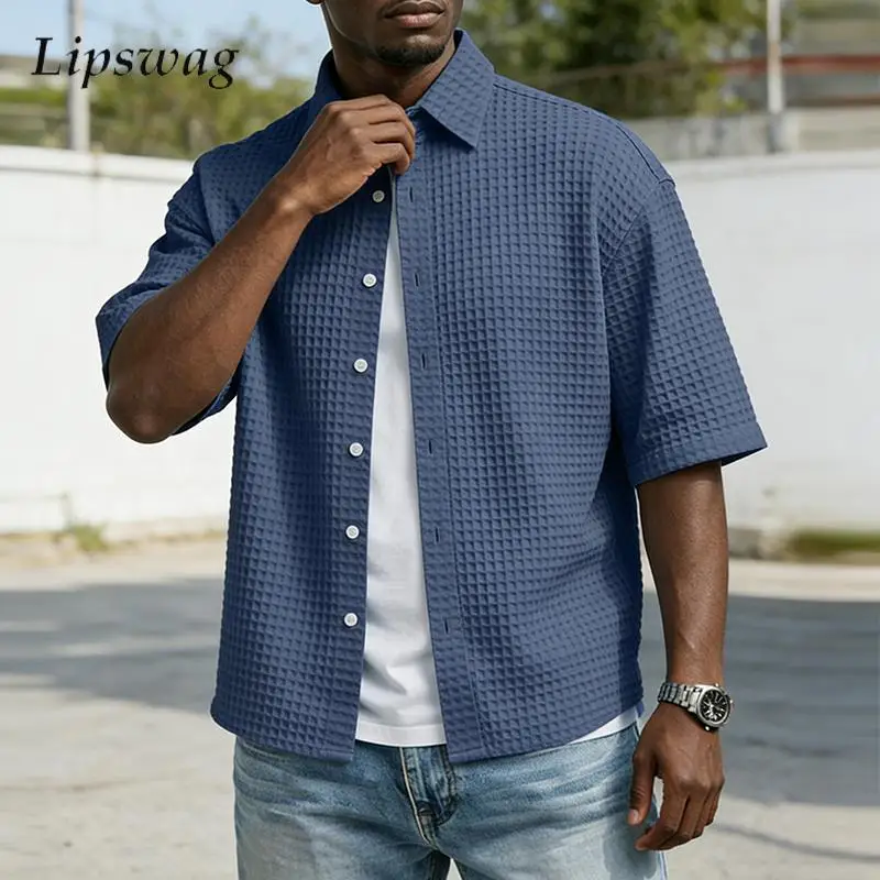 Spring Summer Casual Mens Waffle Shirts Vintage Button-up Turn-down Collar Short Sleeve Shirt Tops Men Stylish Solid Color Shirt
Spring Summer Casual Mens Waffle Shirts Vintage Button-up Turn-down Collar Short Sleeve Shirt Tops Men Stylish Solid Color Shirt