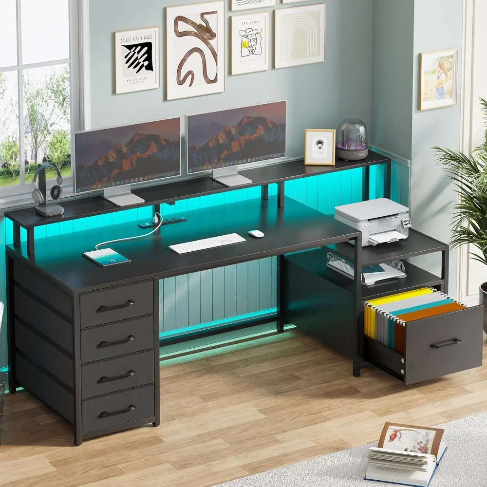 Computer Desk with 5 Drawer, Power Outlet & Led Lights, 66'' Home Office Desk with File Drawer, Storage, Monitor Shelf
Computer Desk with 5 Drawer, Power Outlet & Led Lights, 66'' Home Office Desk with File Drawer, Storage, Monitor Shelf