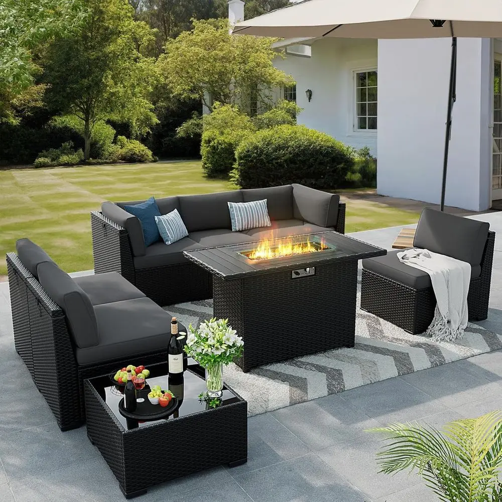 8-Piece Outdoor Patio Furniture Set with 44 Fire Pit Table, Black Rattan Sectional, Coffee Table, Waterproof Covers, Gray
8-Piece Outdoor Patio Furniture Set with 44 Fire Pit Table, Black Rattan Sectional, Coffee Table, Waterproof Covers, Gray