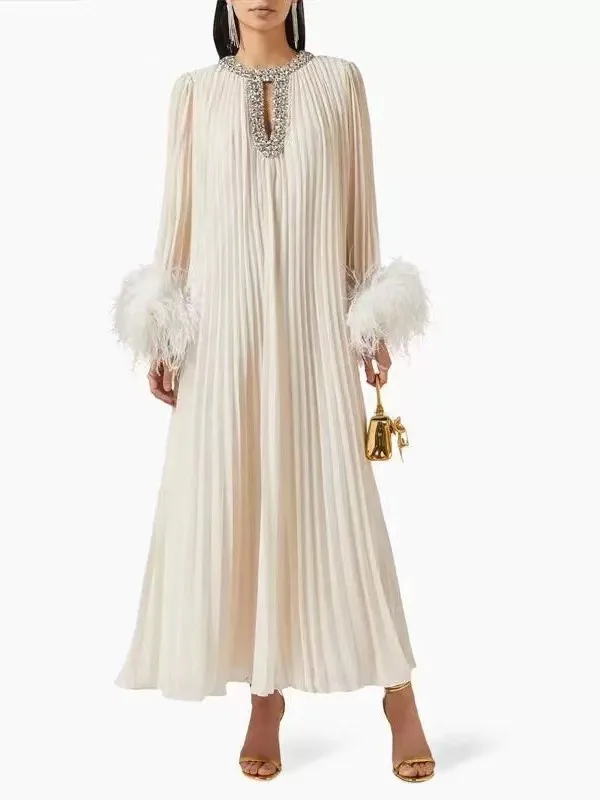 Elegant Long Skirt Heavy Bead Embellished Camel Feather Sleeve Pleated Loose Slimming Luxury Anti-Aging Dress Citywalk
Elegant Long Skirt Heavy Bead Embellished Camel Feather Sleeve Pleated Loose Slimming Luxury Anti-Aging Dress Citywalk