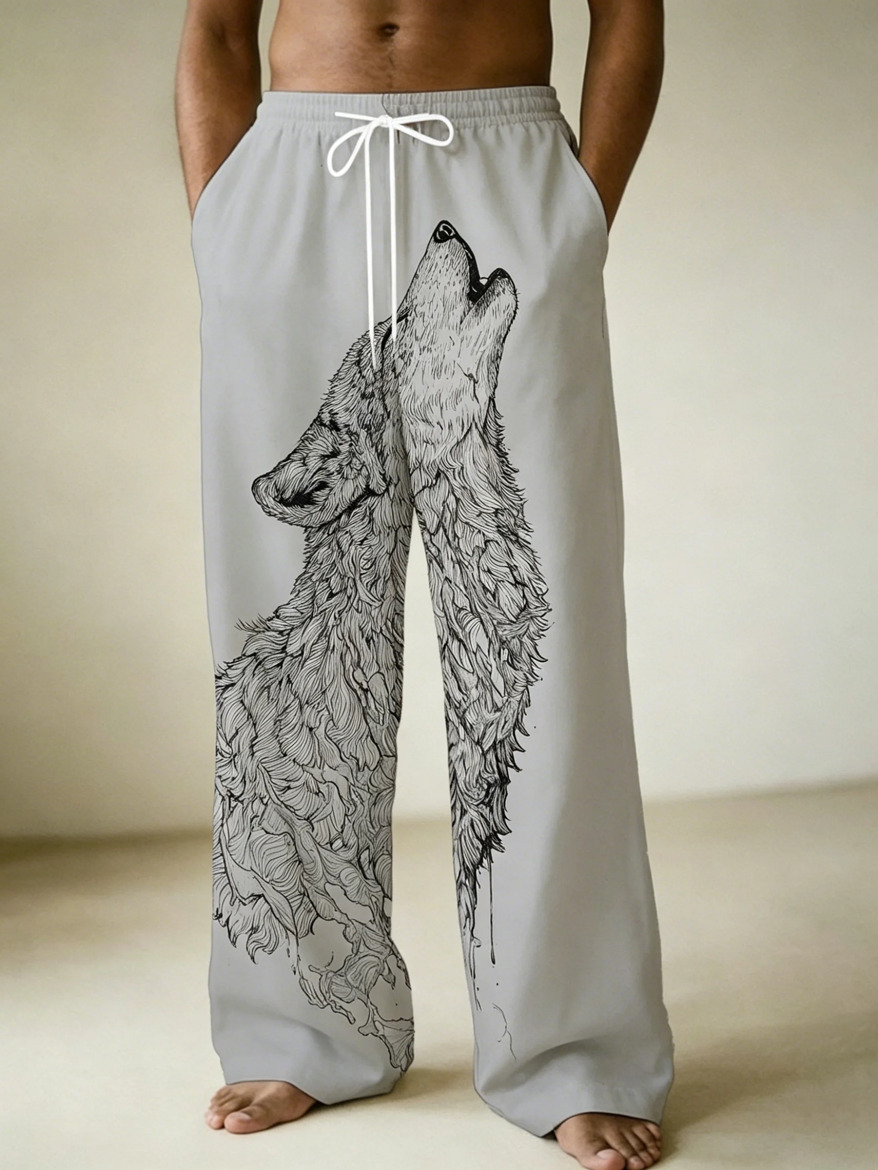 Men's Spring Summer Sketch Howling Wolf Print Drawstring Pants, Wild Animal Graphic Trousers for Beach Daily Outfit
Men's Spring Summer Sketch Howling Wolf Print Drawstring Pants, Wild Animal Graphic Trousers for Beach Daily Outfit