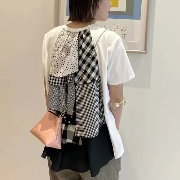 Japanese Style Sweet A-Line Short Sleeve T-Shirt with Ruffle Collar Asymmetrical Patchwork Cotton round Neck Checkered Pattern
Japanese Style Sweet A-Line Short Sleeve T-Shirt with Ruffle Collar Asymmetrical Patchwork Cotton round Neck Checkered Pattern