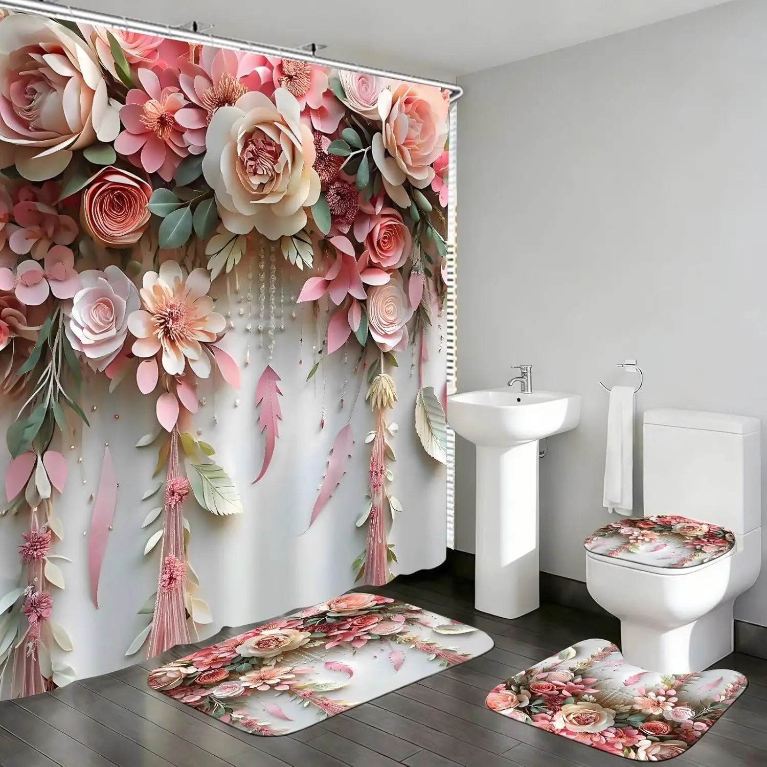 Pink Rose Floral Bathroom Shower Curtain Set with Rugs & Accessories, Romantic Cute Decor
Pink Rose Floral Bathroom Shower Curtain Set with Rugs & Accessories, Romantic Cute Decor