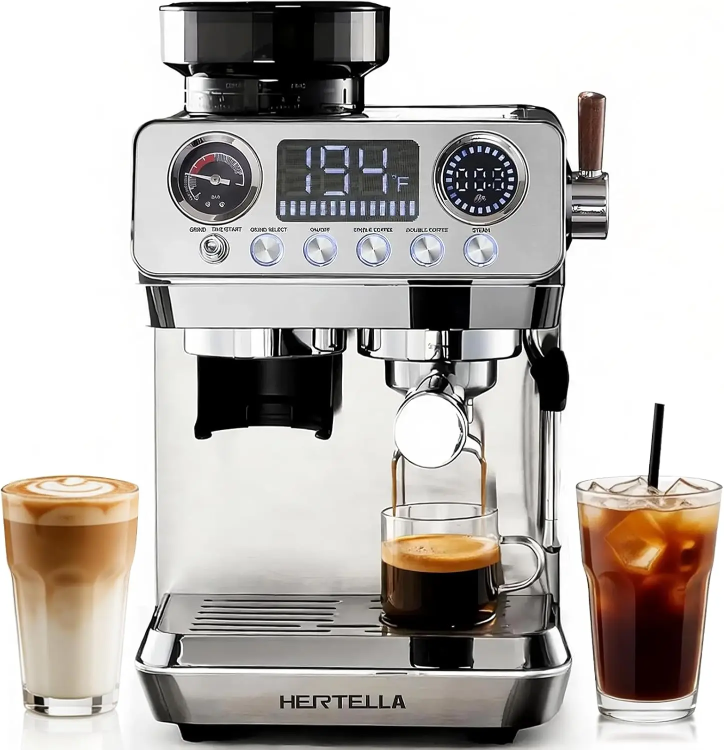 Espresso Machine with Burr Grinder, 20 Bar Visual Pressure Gauge, Milk Frother Steam Wand, Stainless Steel, 4 Temperature Modes
Espresso Machine with Burr Grinder, 20 Bar Visual Pressure Gauge, Milk Frother Steam Wand, Stainless Steel, 4 Temperature Modes