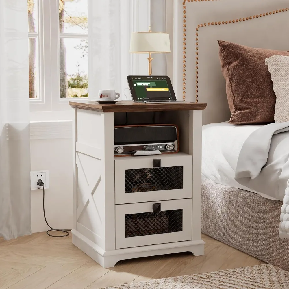 Farmhouse End Table with Charging Station, Nightstand with 2 Drawers & Open Storage,Sofa Side Table with Mesh Drawers, Design Be
Farmhouse End Table with Charging Station, Nightstand with 2 Drawers & Open Storage,Sofa Side Table with Mesh Drawers, Design Be