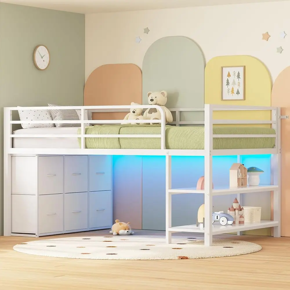 Металлическая кровать размера Twin с 6 ящиками, светодиодной подсветкой, открытыми полками и 15 защитными перилами, белая
Металлическая кровать размера Twin с 6 ящиками, светодиодной подсветкой, открытыми полками и 15 защитными перилами, белая