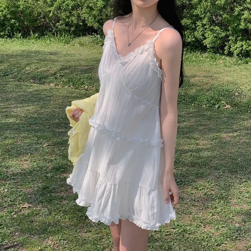 Sweet V-Neck Solid Color Ruffles Slip Dress Female Clothing Summer New All-match Sleeveless Dresses
Sweet V-Neck Solid Color Ruffles Slip Dress Female Clothing Summer New All-match Sleeveless Dresses