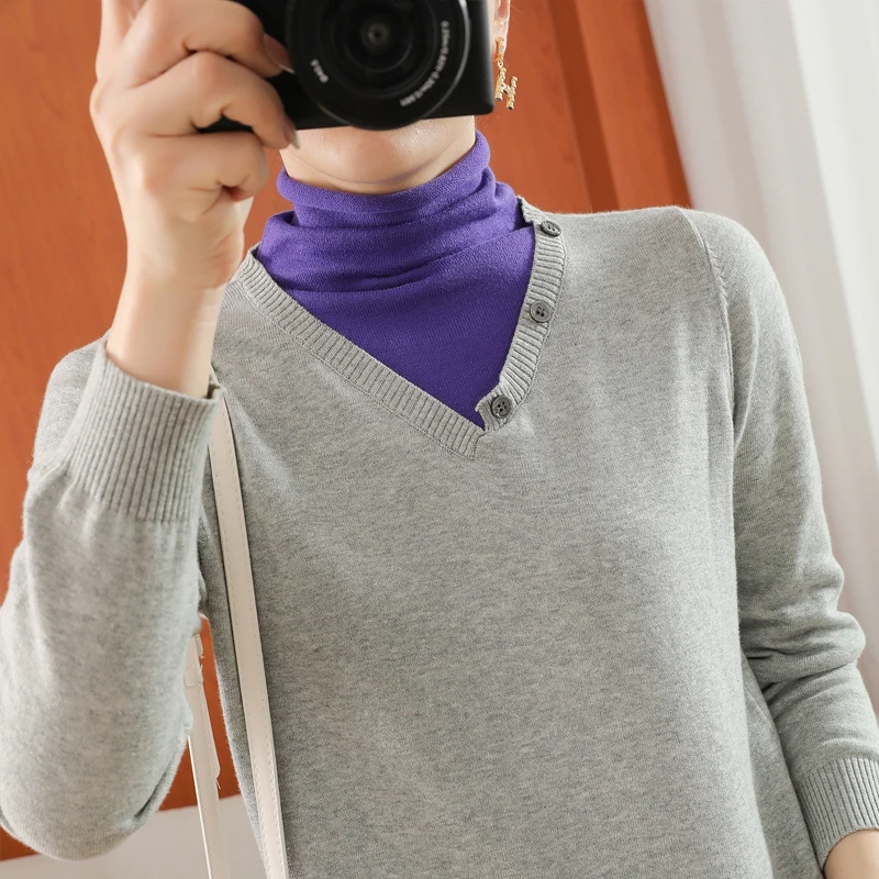 2023 Fake Two-Piece Cotton V-Neck Pullover Knitted Sweater Bottoming Shirt Early Spring New Fashion Neck Protector
2023 Fake Two-Piece Cotton V-Neck Pullover Knitted Sweater Bottoming Shirt Early Spring New Fashion Neck Protector