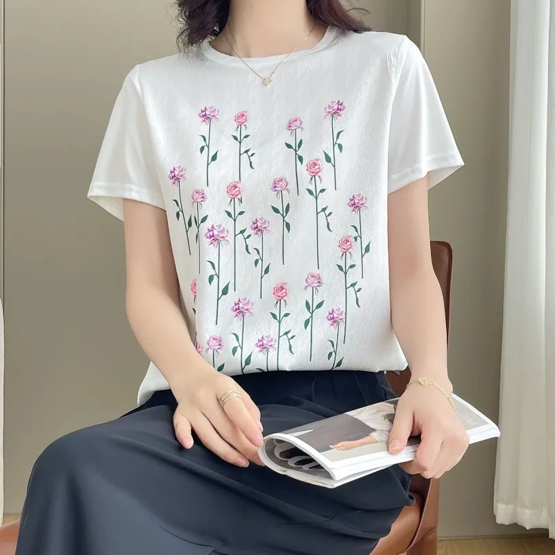 Summer Women's Solid Color Round Neck Printing Plant&Flowers Short Sleeve Pullover T-shirt Elegant Casual Korean All-match Tops
Summer Women's Solid Color Round Neck Printing Plant&Flowers Short Sleeve Pullover T-shirt Elegant Casual Korean All-match Tops