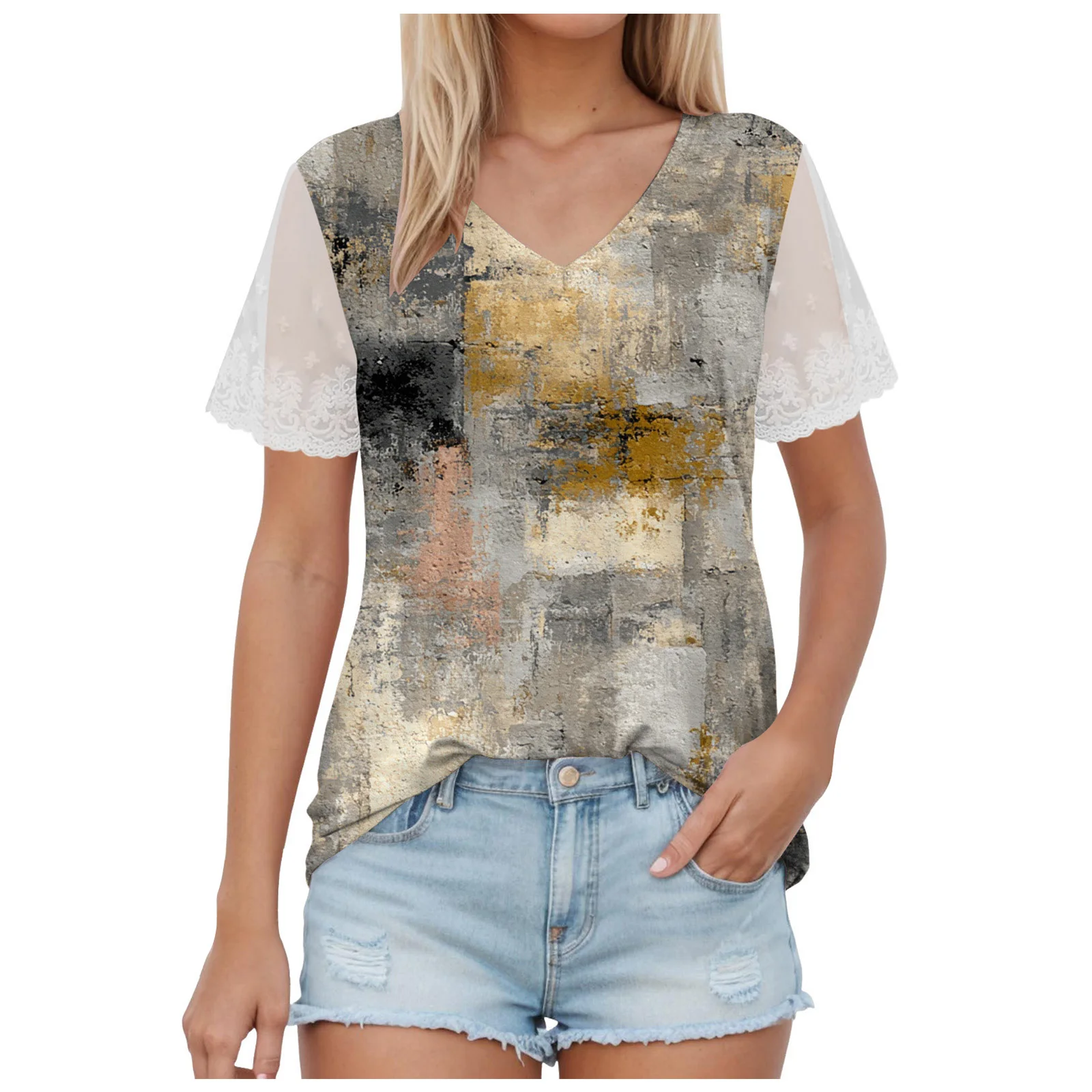 Women Lace Short Sleeved Shirt Elegant Print Ladies Blouse Tops Casual Loose V Neck Tee Shirts Streetwear Y2k Female Clothing
Women Lace Short Sleeved Shirt Elegant Print Ladies Blouse Tops Casual Loose V Neck Tee Shirts Streetwear Y2k Female Clothing