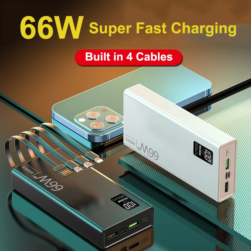 Power Bank 30000mAh with 4 Cables 66W PD Super Fast Charging Powerbank Portable Battery Charger for iPhone Samsung Huawei Xiaomi
Power Bank 30000mAh with 4 Cables 66W PD Super Fast Charging Powerbank Portable Battery Charger for iPhone Samsung Huawei Xiaomi