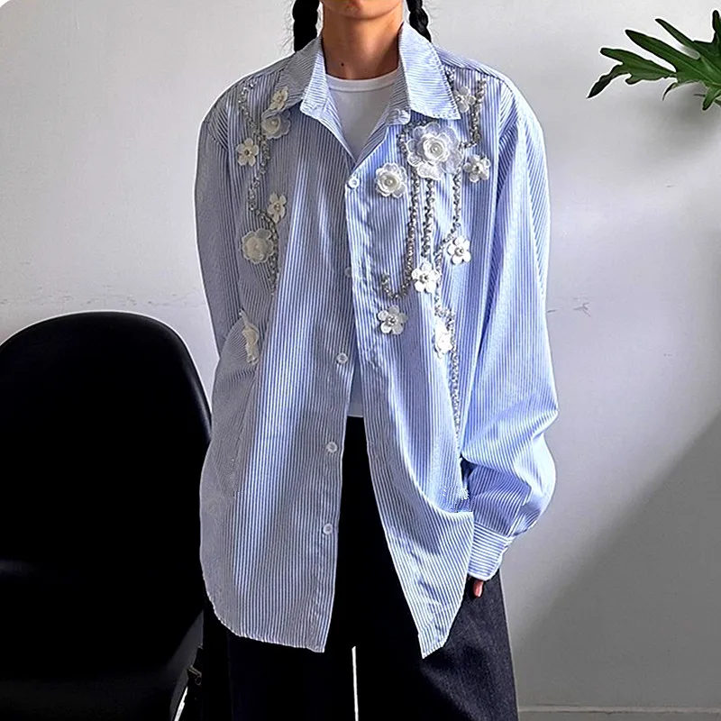 Oversized Women Stripped Shirt Blouses Luxury Diamonds Chains Floral Appliques Long Sleeve Shirts Loose Unisex Tunic Tops NZ185
Oversized Women Stripped Shirt Blouses Luxury Diamonds Chains Floral Appliques Long Sleeve Shirts Loose Unisex Tunic Tops NZ185
