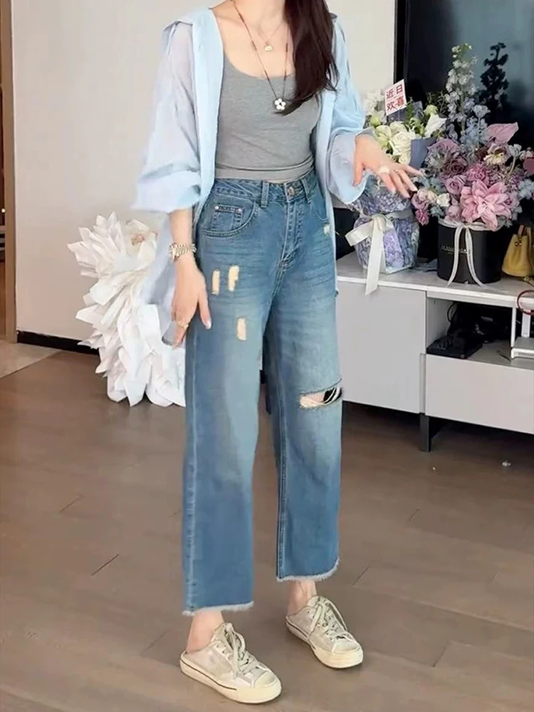 Women in summer thin fit loose high waist fashion slimming straight leg wide leg pants blue nine ripped cropped jeans
Women in summer thin fit loose high waist fashion slimming straight leg wide leg pants blue nine ripped cropped jeans