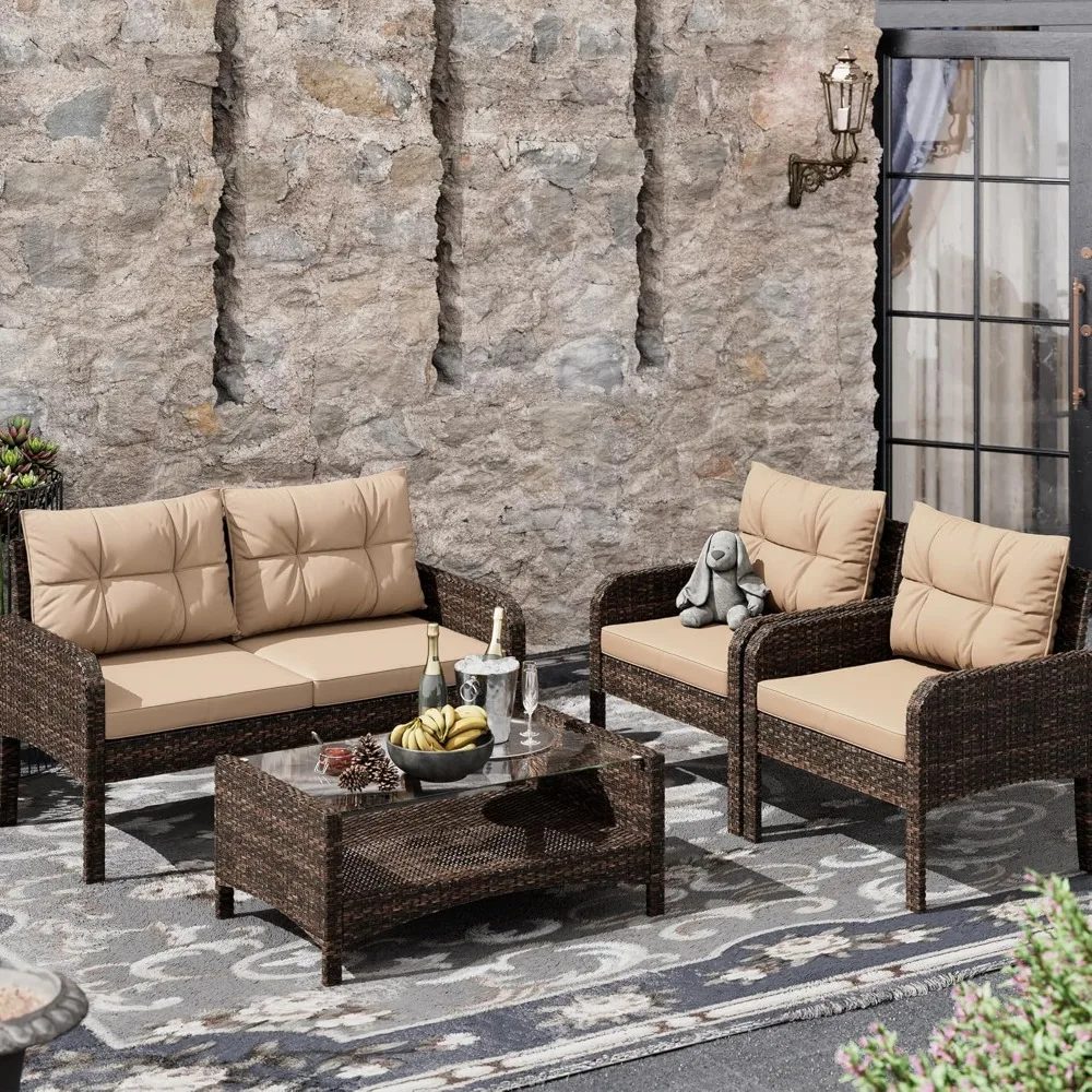 4-Piece Patio Furniture Set Outdoor Rattan Wicker Sofa Set with Cushions & Coffee Table, Conversation Sofa Set with Tempered Gla
4-Piece Patio Furniture Set Outdoor Rattan Wicker Sofa Set with Cushions & Coffee Table, Conversation Sofa Set with Tempered Gla