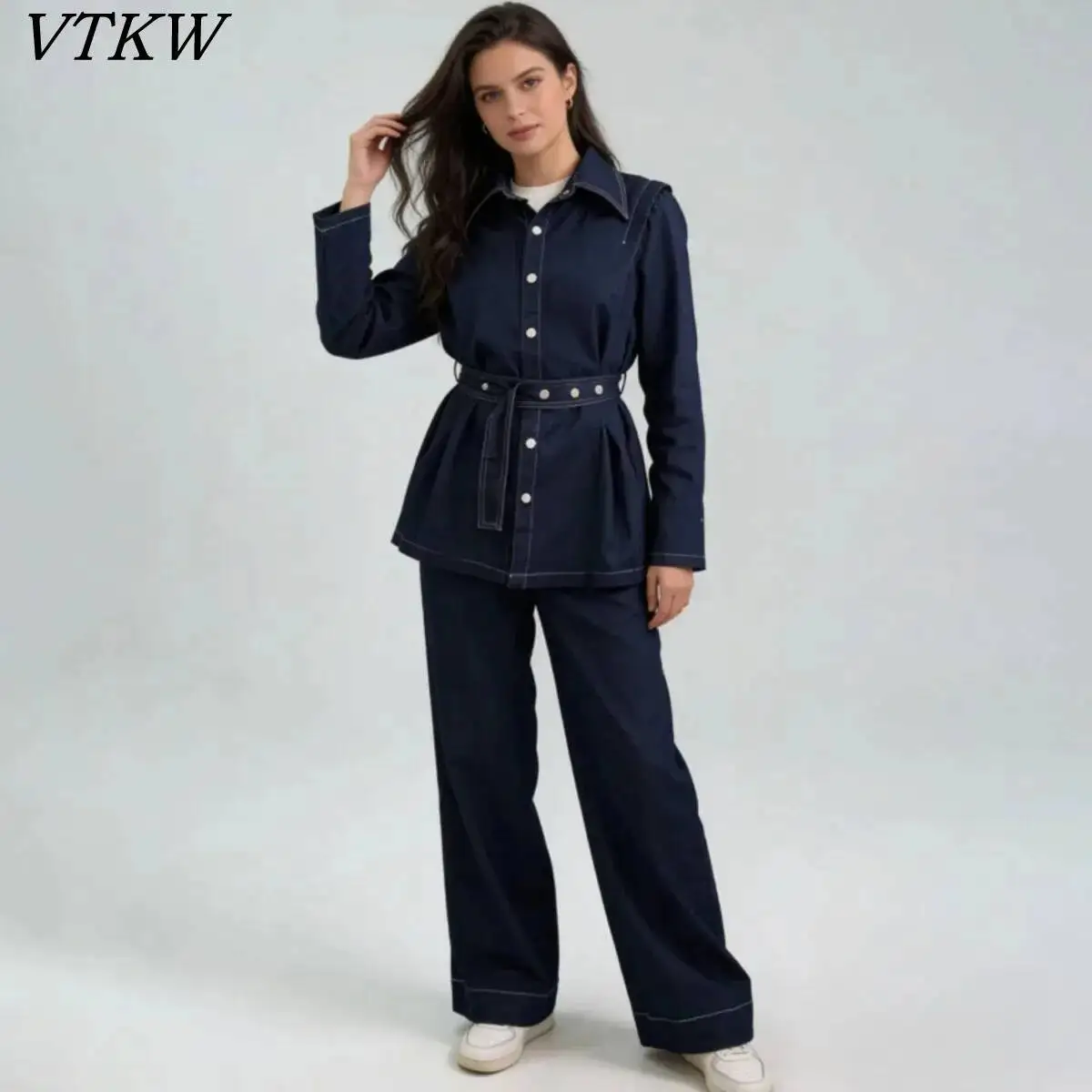 VTKW 2026 New Women Fashion Denim Two Piece Set Ruffle Collar Belted Shirt Long Sleeve High Waist Wide Leg Pants Casual Outfit
VTKW 2026 New Women Fashion Denim Two Piece Set Ruffle Collar Belted Shirt Long Sleeve High Waist Wide Leg Pants Casual Outfit