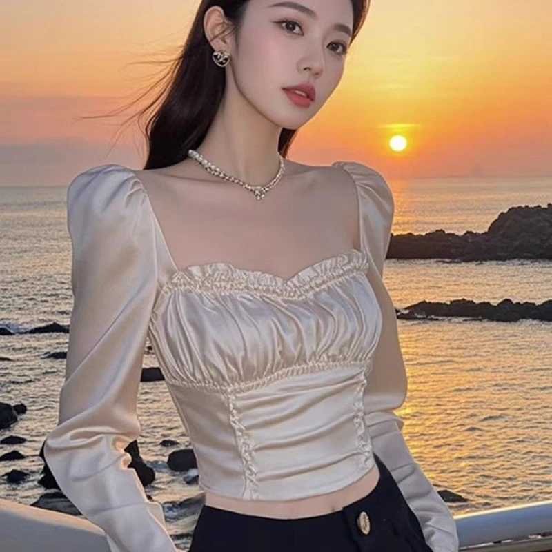 2025 Spring Fall Women Ruffles Square Collar Shirring Beige Imitation Silk Top T Shirt , Woman Autumn Feamle Tops Shirts
2025 Spring Fall Women Ruffles Square Collar Shirring Beige Imitation Silk Top T Shirt , Woman Autumn Feamle Tops Shirts