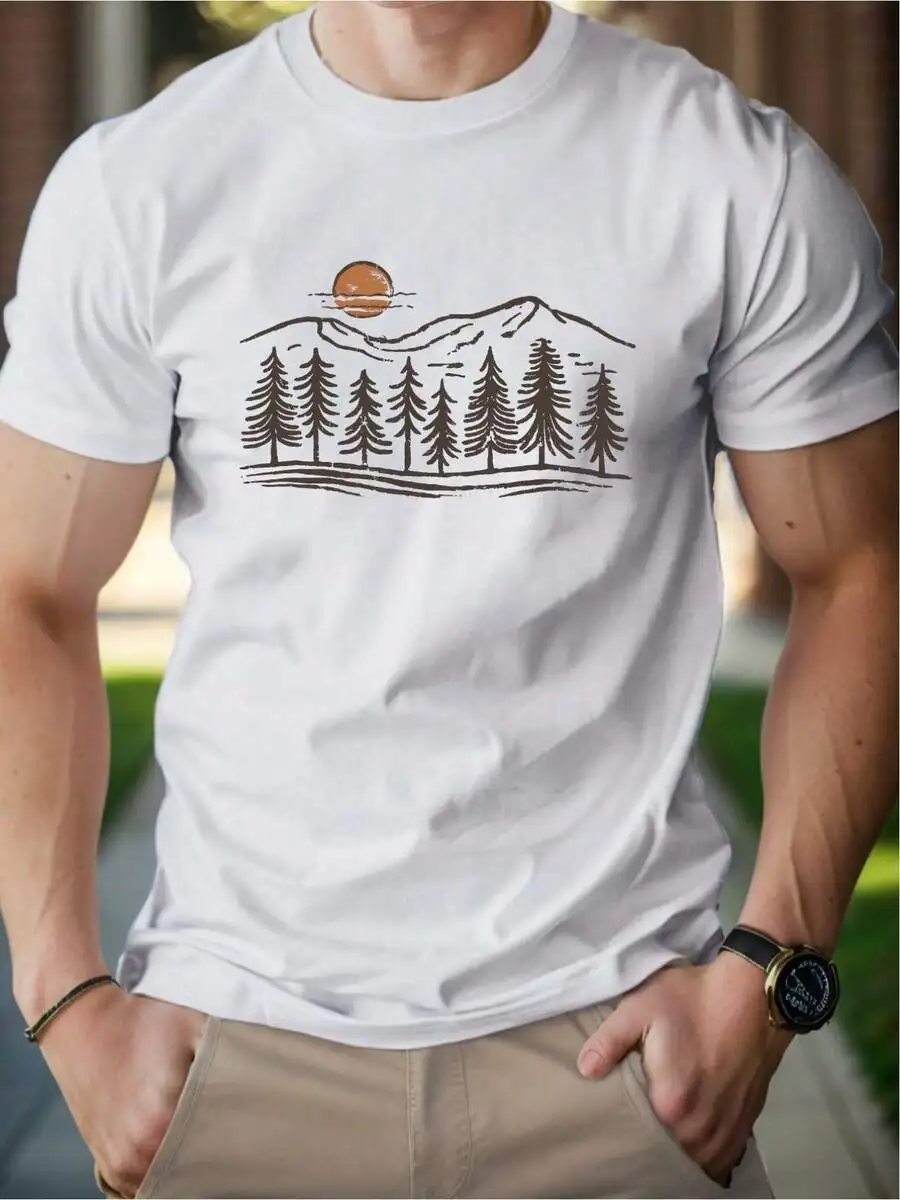 Mens Cotton Graphic Tee With Mountain Sunset And Pine Trees Design
Mens Cotton Graphic Tee With Mountain Sunset And Pine Trees Design