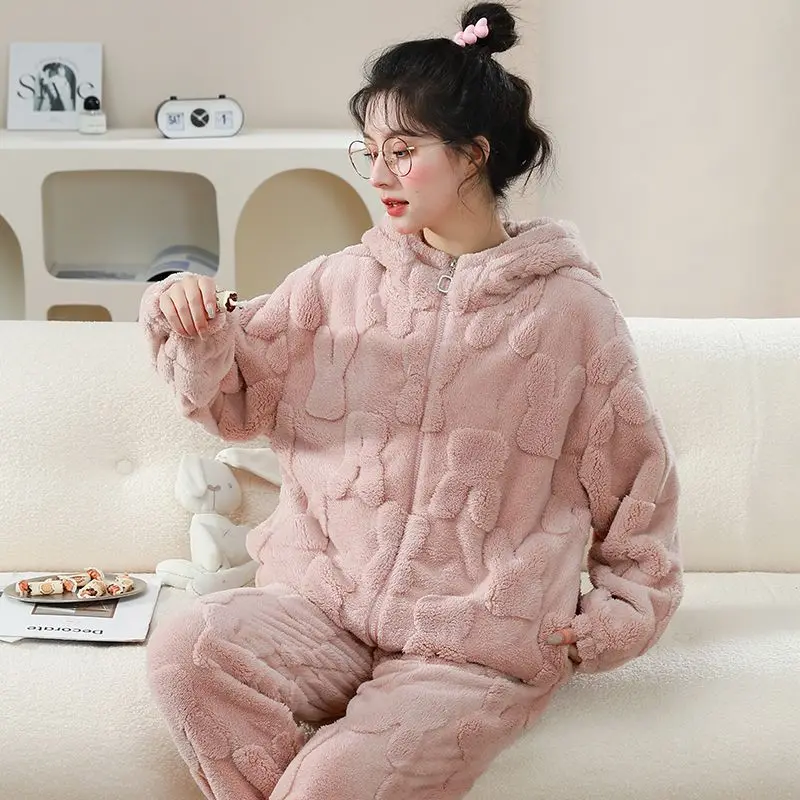 Осенне-зимний утепленный пижамный комплект для девочек, кавайные пижамы с героями мультфильмов, новая милая ночная рубашка из кораллового флиса, домашняя одежда, сохраняющая тепло, ночная рубашка с капюшоном