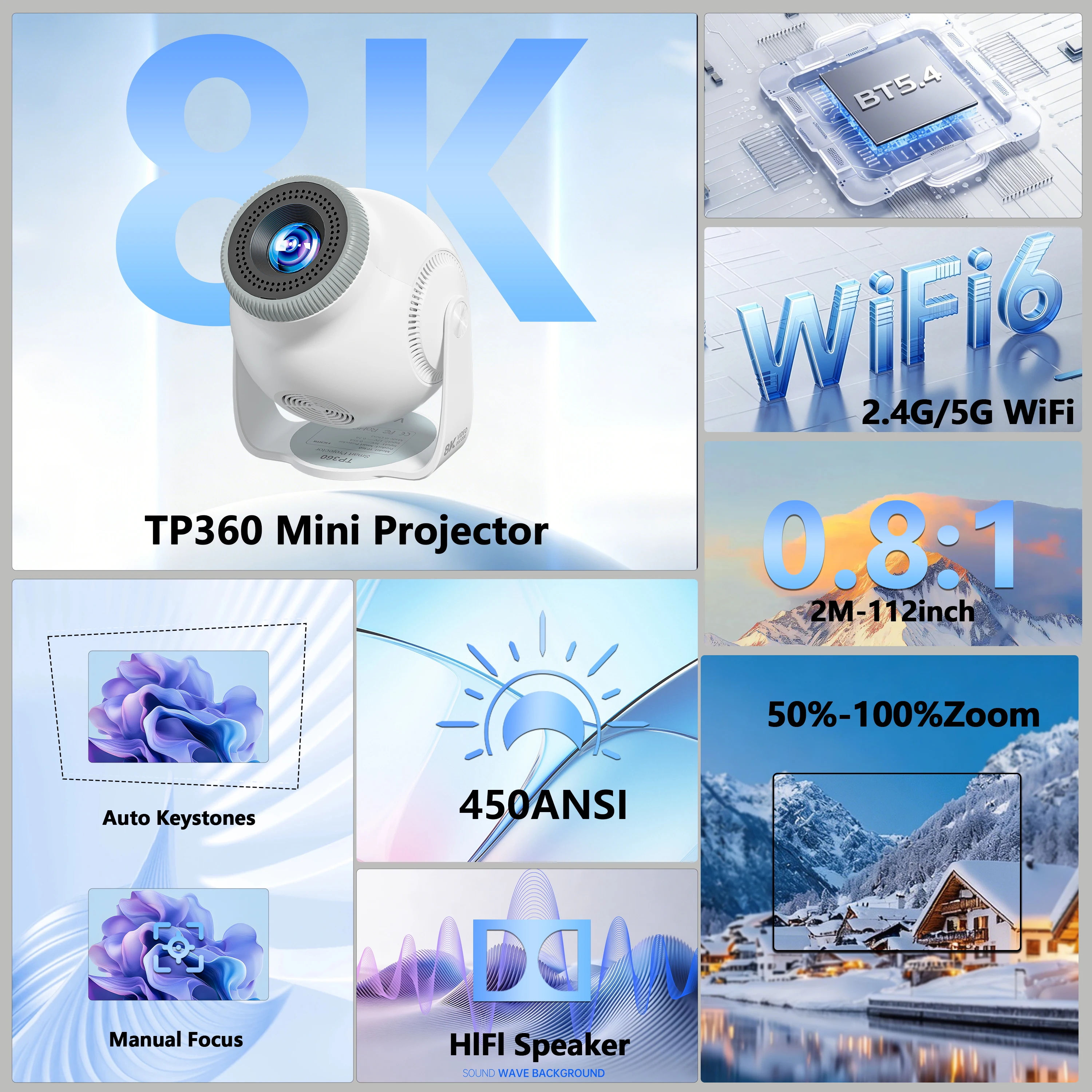 Velec 8K Native Projector Allwinner H726, 450 ANSI Portable TP360 Android 14 With Wifi6 BT5.4, Movie Home Theater
Velec 8K Native Projector Allwinner H726, 450 ANSI Portable TP360 Android 14 With Wifi6 BT5.4, Movie Home Theater