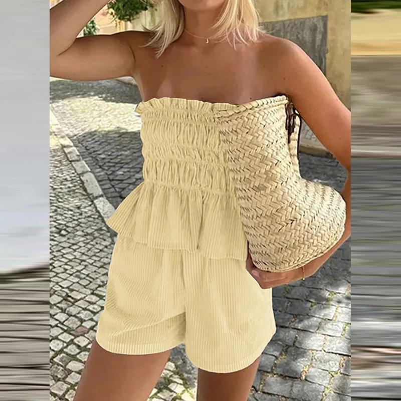 Casual Simple Tube Top Vest&Shorts Suits Fashion Stripe Print Beach Vacation Set Summer New Ruffles Tank Top Shorts Matching Set
Casual Simple Tube Top Vest&Shorts Suits Fashion Stripe Print Beach Vacation Set Summer New Ruffles Tank Top Shorts Matching Set