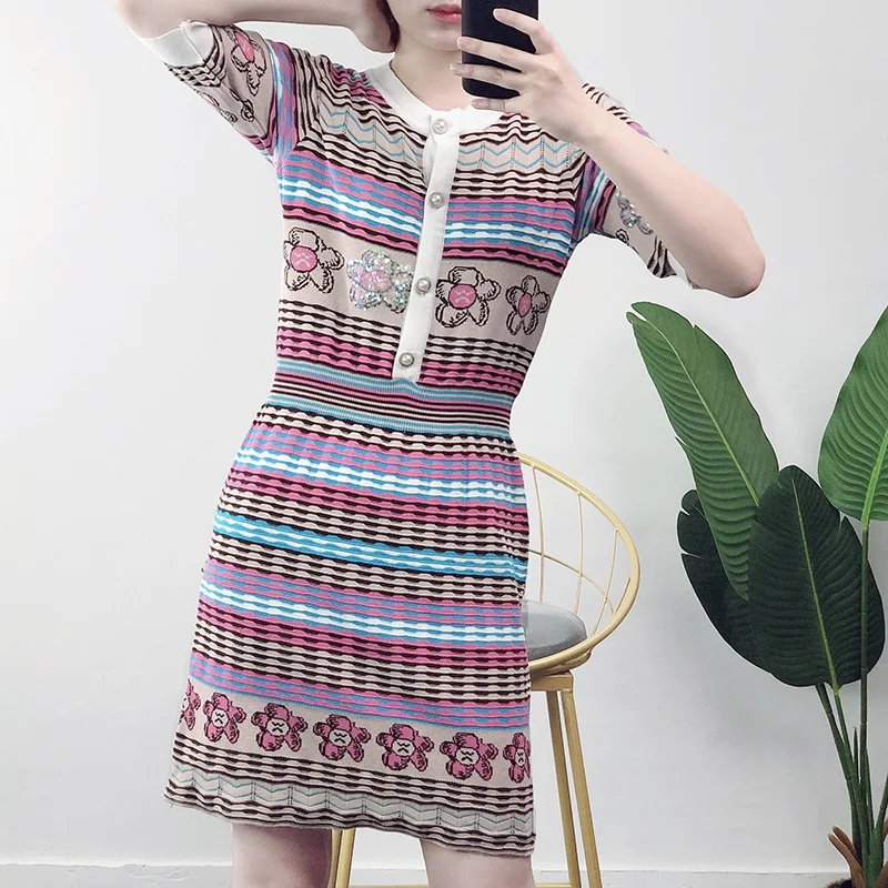 Wave Striped Jacquard Ice Silk Knitted Dress For Women New Summer Short Sleeve Slim Short Dress Female Vestidos q122
Wave Striped Jacquard Ice Silk Knitted Dress For Women New Summer Short Sleeve Slim Short Dress Female Vestidos q122