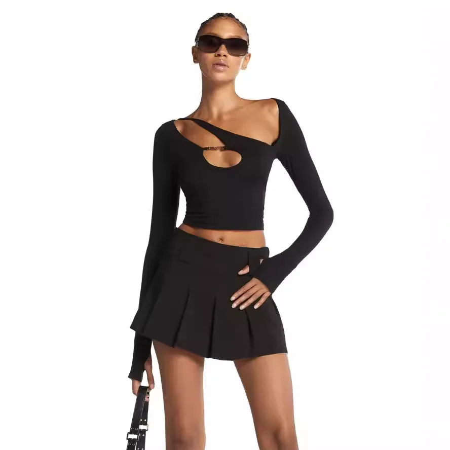 Asymmetric Hot Girl Hollow out Long Sleeve T-Shirt High Waist Ring Buckle Sexy Women's Top Polyester Fabric Spring 2023
Asymmetric Hot Girl Hollow out Long Sleeve T-Shirt High Waist Ring Buckle Sexy Women's Top Polyester Fabric Spring 2023