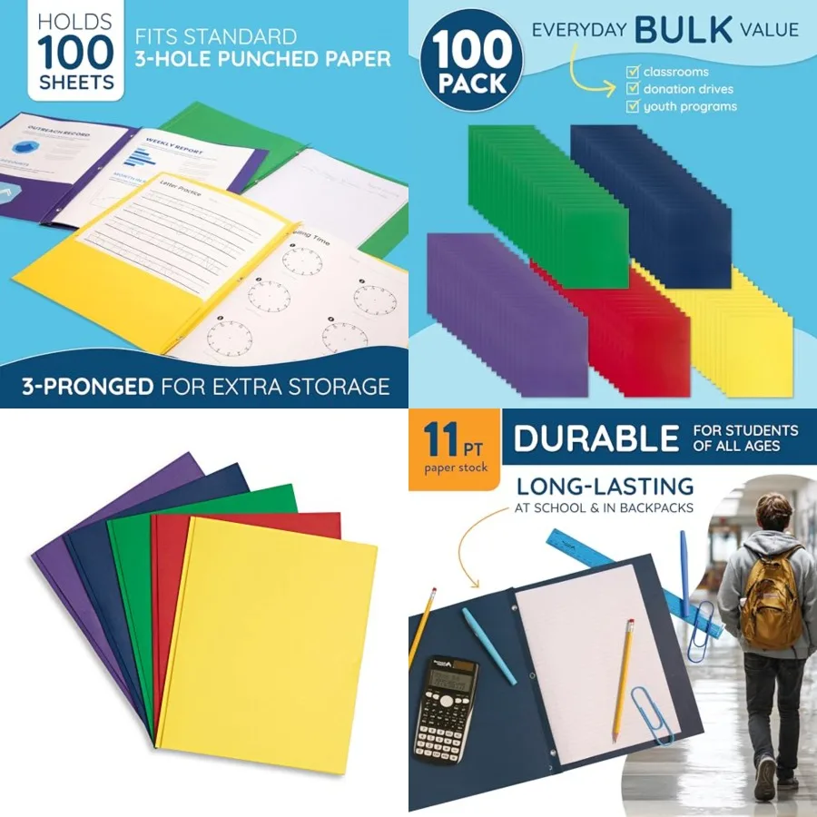 100 Paper Two Pocket Folders with Prongs, 2 Pocket Folders Bulk 100 Pack, Assorted 5 Colors, 3 Prongs for Letter Size Paper, De
100 Paper Two Pocket Folders with Prongs, 2 Pocket Folders Bulk 100 Pack, Assorted 5 Colors, 3 Prongs for Letter Size Paper, De