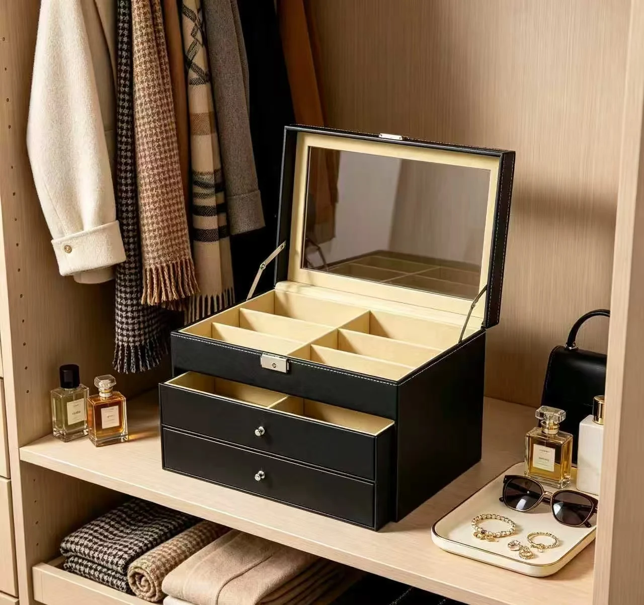 24 Compartment Eyeglass Organizer Box PU MDF Glass, Multi-Tier Drawer Cabinet, 34*25*19cm, Lint Interior, Secure Key Lock, For Home Jewelry Store Optician Professional Exhibition Use
24 Compartment Eyeglass Organizer Box PU MDF Glass, Multi-Tier Drawer Cabinet, 34*25*19cm, Lint Interior, Secure Key Lock, For Home Jewelry Store Optician Professional Exhibition Use