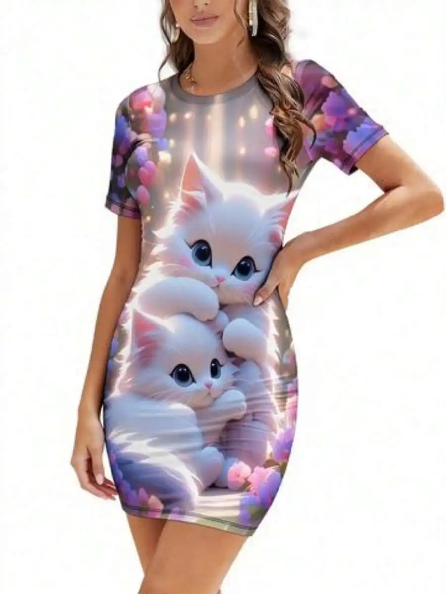 Women Short Sleeve Bodycon Dress With White Kittens And Pastel Flowers Print
Women Short Sleeve Bodycon Dress With White Kittens And Pastel Flowers Print