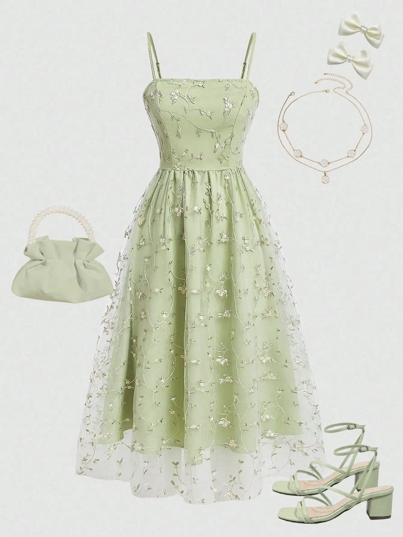 Elegant Light Green Floral Embroidered Mesh Spliced Cami Midi Dress
Elegant Light Green Floral Embroidered Mesh Spliced Cami Midi Dress