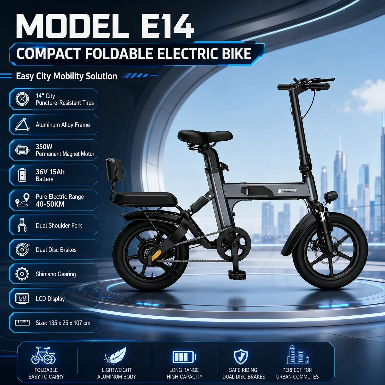 E14 Long Range Folding Electric Bike 350W Motor E-Bike 36V 15Ah Battery Aluminum Alloy Frame Shimano Gears for Urban Travel
E14 Long Range Folding Electric Bike 350W Motor E-Bike 36V 15Ah Battery Aluminum Alloy Frame Shimano Gears for Urban Travel
