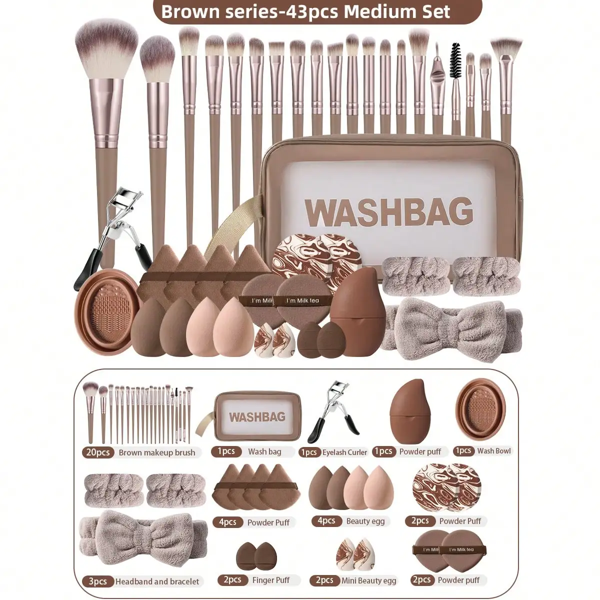 43PCS Makeup Tools:1PC Cosmetic Bag+20PCS Makeup Brush Set+6PCS Makeup Sponges+8PCS Powder Puffs+8PCS Makeup Tools
43PCS Makeup Tools:1PC Cosmetic Bag+20PCS Makeup Brush Set+6PCS Makeup Sponges+8PCS Powder Puffs+8PCS Makeup Tools