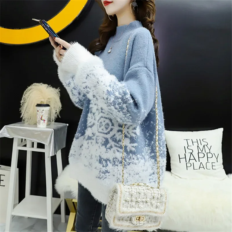 Winter Thick Half High Collar Mink Cashmere Sweater Women Red Pink Blue Khaki Loose Fashion Snowflake Knit Pullover Tops Female
Winter Thick Half High Collar Mink Cashmere Sweater Women Red Pink Blue Khaki Loose Fashion Snowflake Knit Pullover Tops Female