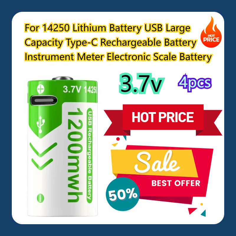 4pcs For 14250 Lithium Battery USB Large Capacity Type-C 3.7V Rechargeable Battery Instrument Meter Electronic Scale Battery
4pcs For 14250 Lithium Battery USB Large Capacity Type-C 3.7V Rechargeable Battery Instrument Meter Electronic Scale Battery
