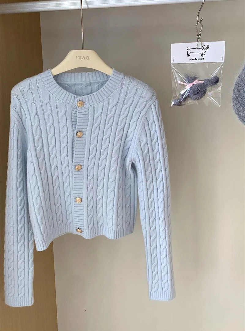 Chic Light Blue Short Knitted Cardigan Round Neck Long Sleeve Stretch Sweater Spring Autumn Slim Fit Kintting Jacket
Chic Light Blue Short Knitted Cardigan Round Neck Long Sleeve Stretch Sweater Spring Autumn Slim Fit Kintting Jacket