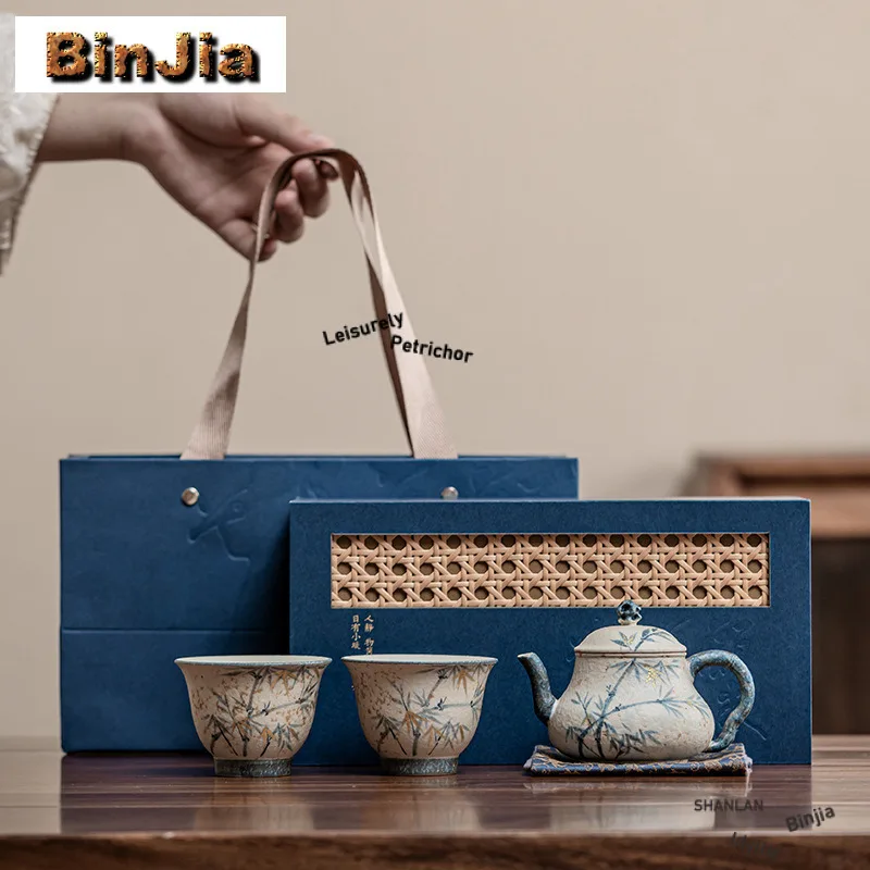 Расписанный вручную бамбуковый чайный сервиз, полный набор, антикварный набор с крышкой для чая, набор для чайной церемонии, набор чайных чашек и чайных чашек, украшение для ремесла