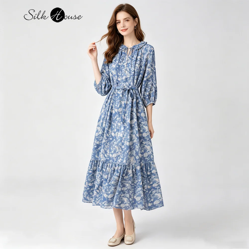 2026 Women's Vacation Style New Tie Dyeing Blue Floral 100% Natural Mulberry Silk Crepe De Chine Lantern Sleeve Loose Dress
2026 Women's Vacation Style New Tie Dyeing Blue Floral 100% Natural Mulberry Silk Crepe De Chine Lantern Sleeve Loose Dress