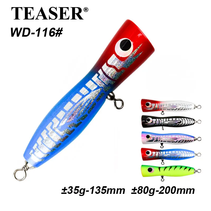 TEASER WD116 80 г приманка-поппер из дерева Topwater для морского карпа, приманка для троллинга, деревянная приманка-поппер для морской рыбалки с тройным крючком
TEASER WD116 80 г приманка-поппер из дерева Topwater для морского карпа, приманка для троллинга, деревянная приманка-поппер для морской рыбалки с тройным крючком