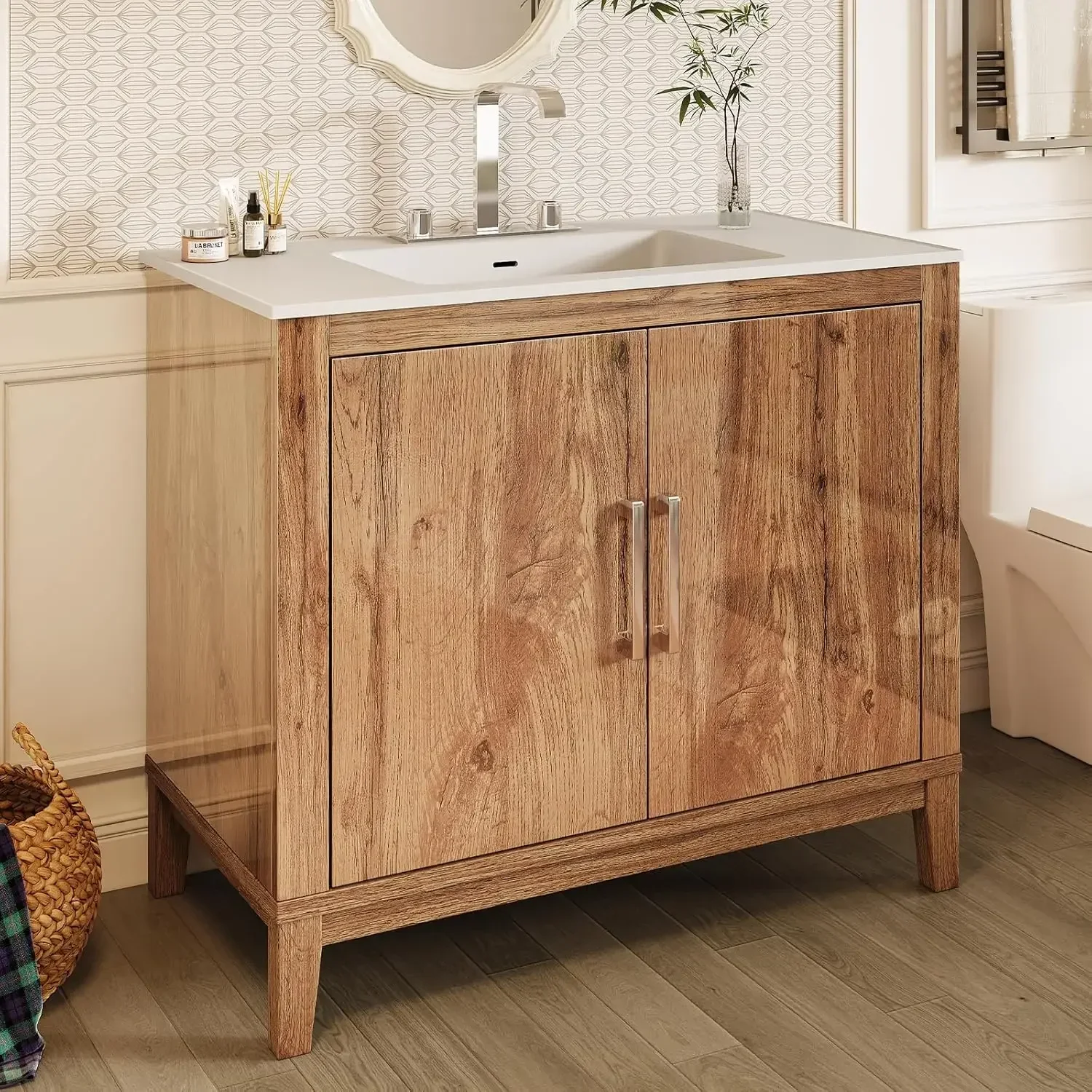 39" Modern Bathroom Vanity with Sink Combo High-Gloss 2 Soft-Close Doors Bright Handles Freestanding Single Cabinet, Customized
39" Modern Bathroom Vanity with Sink Combo High-Gloss 2 Soft-Close Doors Bright Handles Freestanding Single Cabinet, Customized