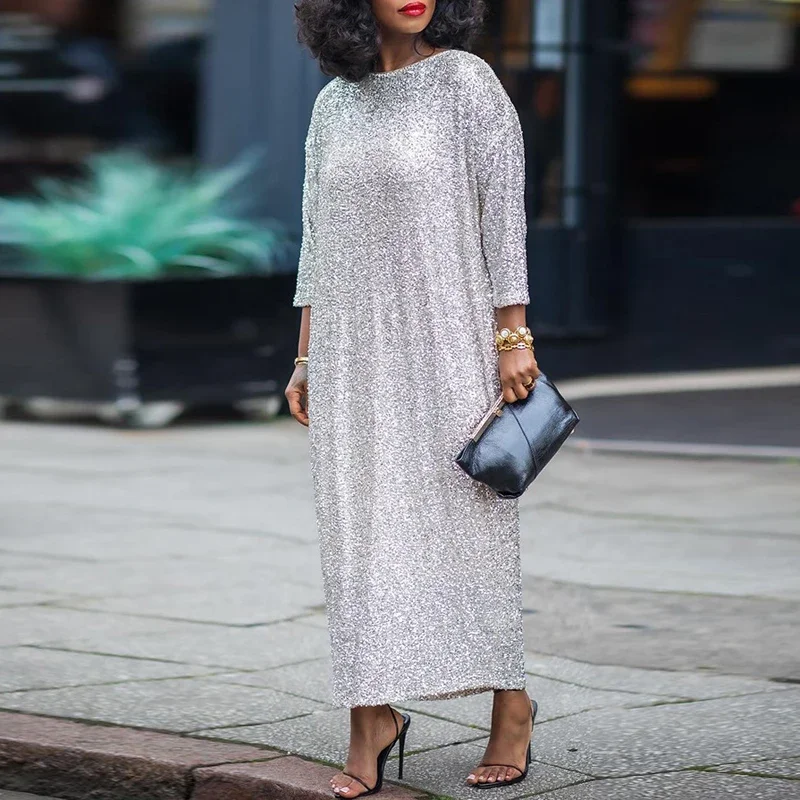 Casual Spring Loose Sequin Dress Fashion O-neck 3/4 Sleeve Straight Commuter Dress Elegant High Street Solid Long Dress Vestidos
Casual Spring Loose Sequin Dress Fashion O-neck 3/4 Sleeve Straight Commuter Dress Elegant High Street Solid Long Dress Vestidos